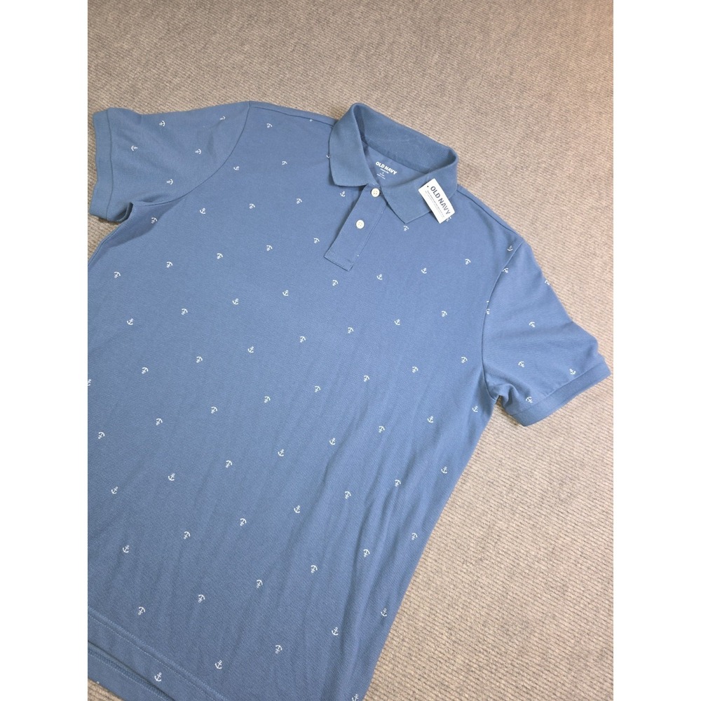 Old Navy Polo All Over Anchor Nautical Print Blue Go-Dry Classic Fit Size L
